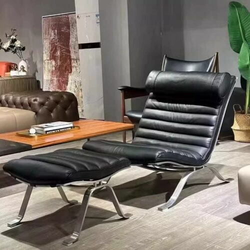 Mid‑Century Leather Recliner Lounge Chair - Living room furniture - QONKA HOME