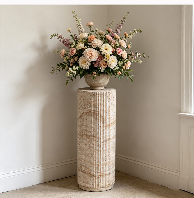 Round Coffee Table & Roman Column Side End Table With Faux Travertine Texture - Coffee table - QONKA HOME