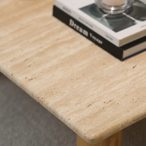 Natural Travertine Top Solid Wood Leg Coffee Table Rectangular Real Stone Center Table - Coffee table - QONKA HOME