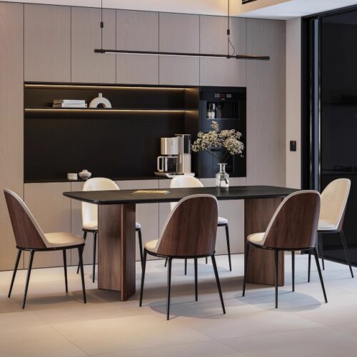 Rectangular Dining Table Sintered Stone Tabletop Solid Wood Double Trestle Base Modern Minimalist Dining Table for Home - ...