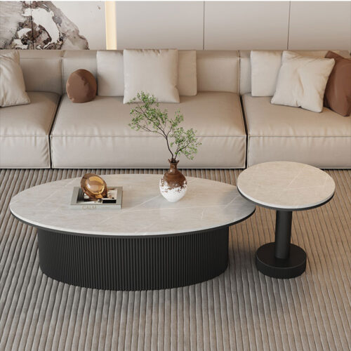 Oval Sintered Stone Coffee Table Black Fluted Wave Pedestal - Coffee table - QONKA HOME