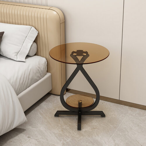 Round Smoked Glass Side Table Teardrop‑Shaped Metal Frame 2‑Tier End Table - Bedside table - QONKA HOME