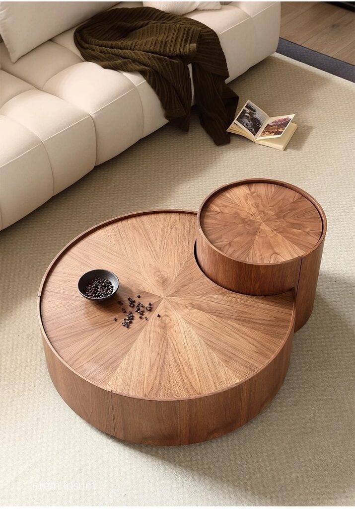 Round Nesting Coffee Table Set walnut Wood Veneer Coffee Table with Drawer - Coffee table - QONKA HOME