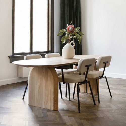 Oval Solid Pine Dining Table Double Arch Panel Base Minimalist Japandi Solid Wood Dining Table - Dining table - QONKA HOME