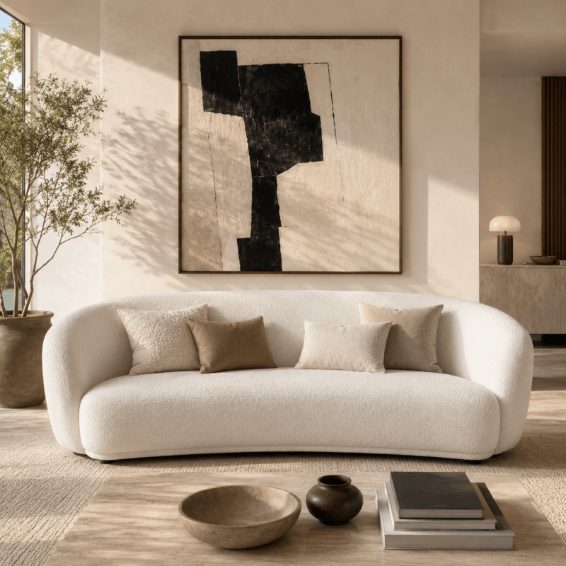 Cozy White Teddy Boucle Curved Arc Sofa Minimalist Wabi‑Sabi Living Room Furniture - Sofa - QONKA HOME