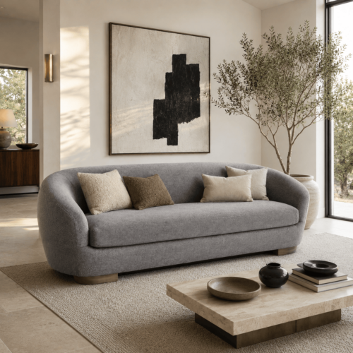 Grey Fabric Curved Sofa With Solid Wood Legs Luxury Wabi‑Sabi Living Room Couch - Sofa - QONKA HOME