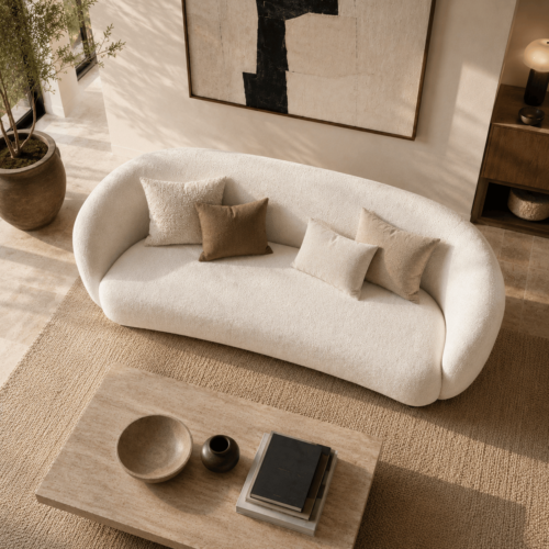 Cozy White Teddy Boucle Curved Arc Sofa Minimalist Wabi‑Sabi Living Room Furniture - Sofa - QONKA HOME