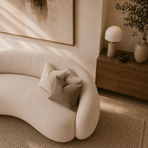 Plush Boucle Wabi‑Sabi Curved Sofa Soft Curved Couch For Modern Living Room - Sofa - QONKA HOME