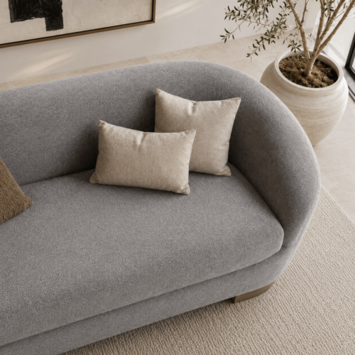 Grey Fabric Curved Sofa With Solid Wood Legs Luxury Wabi‑Sabi Living Room Couch - Sofa - QONKA HOME