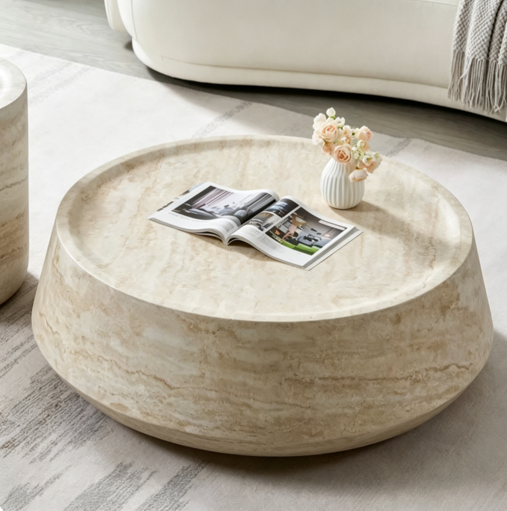 Wabi-sabi Imitation Travertine Round Coffee Table Set - Coffee table - QONKA HOME