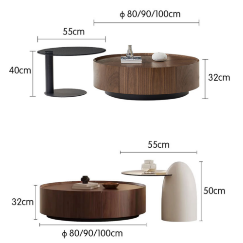 Vintage Walnut Round Coffee Table Set  with Drawers - Coffee table - QONKA HOME