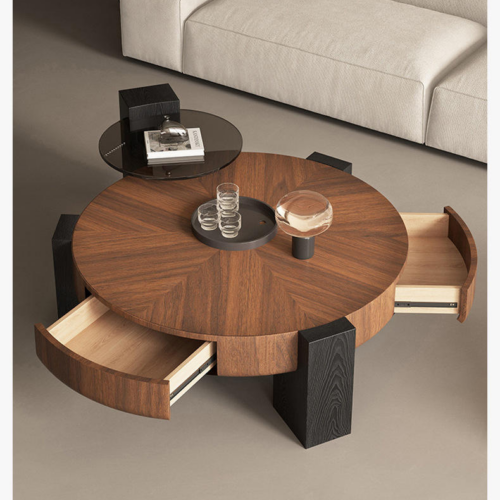 Dark Walnut Round Center Table with Tempered Glass Side Table - Coffee table - QONKA HOME