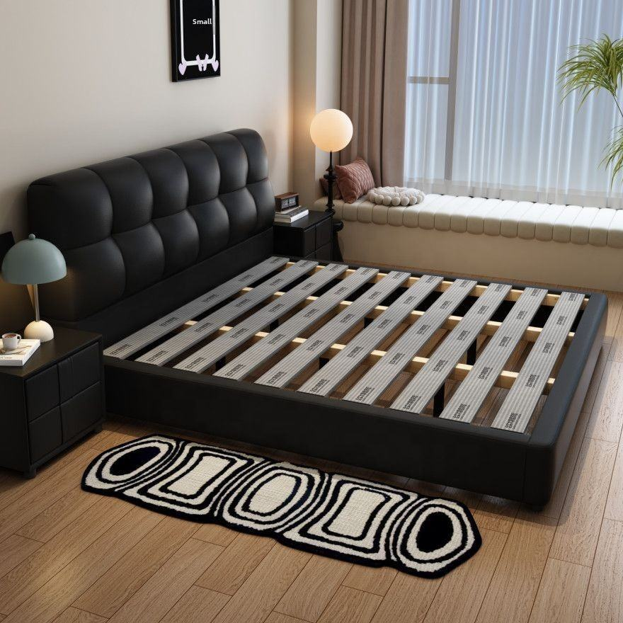 Tufted leather storage bed with high box frame - double size, QONKA HOME