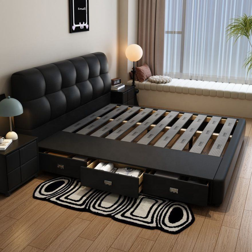 Tufted leather storage bed in a modern bedroom - queen size, QONKA HOME