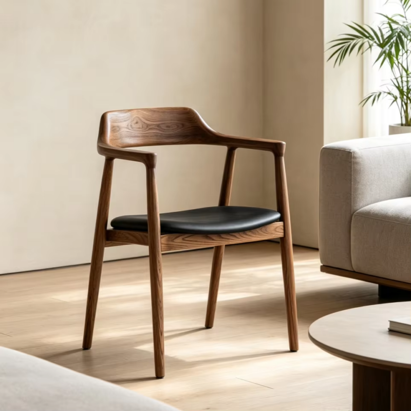 Mid‑Century Solid Wood Arm Dining Chair PU Leather Padded Seat Wooden Side Chair for Home Kitchen Restaurant - Solid woo...