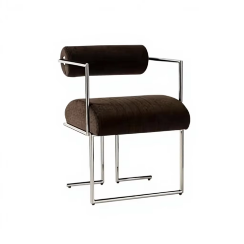 Modern Cylinder Back Dining Chair with Polished Stainless Steel Frame, Upholstered Accent Chair - Metal dining chair - QON...