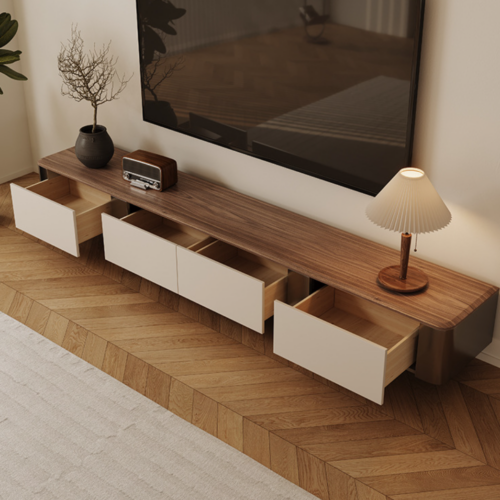 Walnut Coffee Table and TV Stand Set with Stainless Steel Base - Coffee table - QONKA HOME
