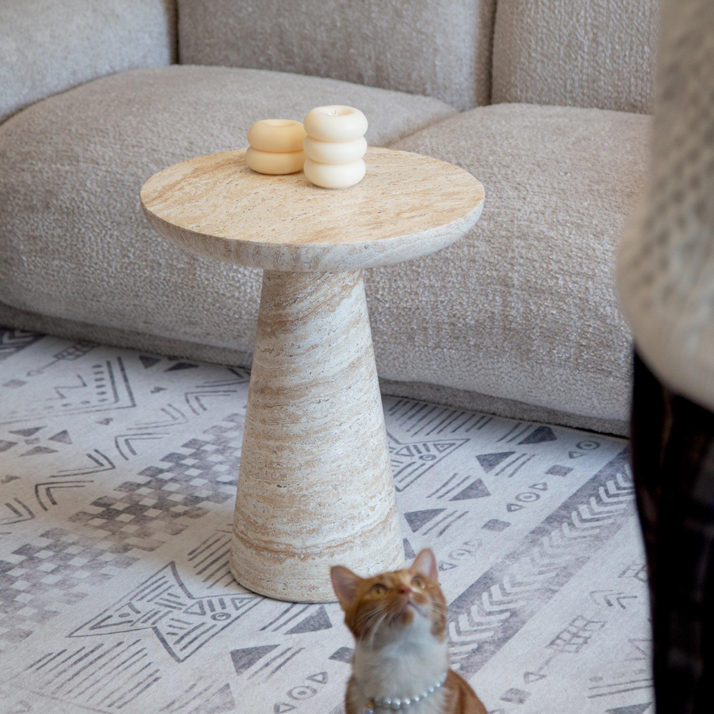 Beige Stone-Look Round Sofa Side Table - Coffee table - QONKA HOME