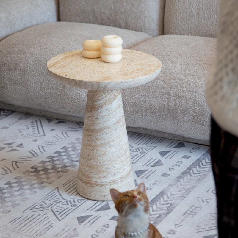 Beige Stone-Look Round Sofa Side Table - Coffee table - QONKA HOME