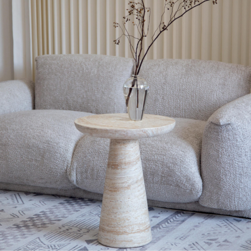 Beige Stone-Look Round Sofa Side Table - Coffee table - QONKA HOME