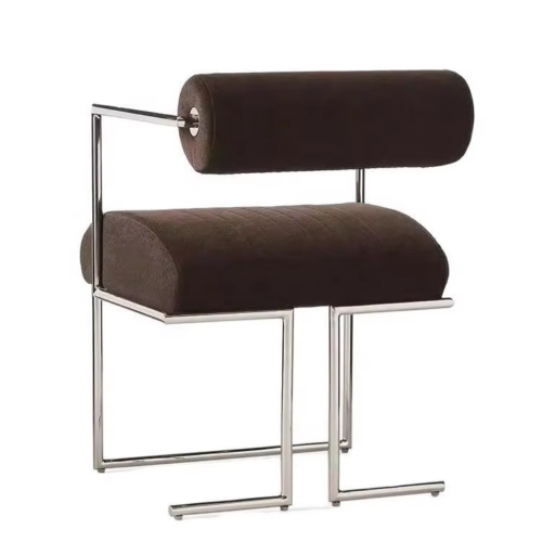 Modern Cylinder Back Dining Chair with Polished Stainless Steel Frame, Upholstered Accent Chair - Metal dining chair - QON...
