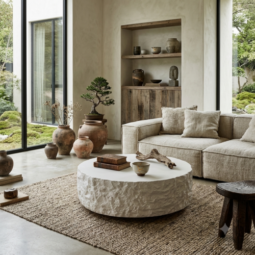 Sculptural Stone-Look Coffee Table Set - Coffee table - QONKA HOME