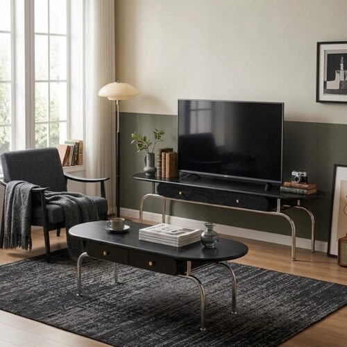 Mid‑Century Wood TV Stand & Coffee Table Set, Retro Solid Wood Storage Entertainment Unit With Metal Legs - Coffee ...
