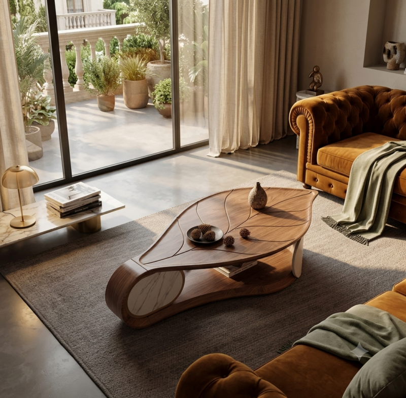 Artistic Leaf‑Shaped Wooden Coffee Table - Coffee table - QONKA HOME