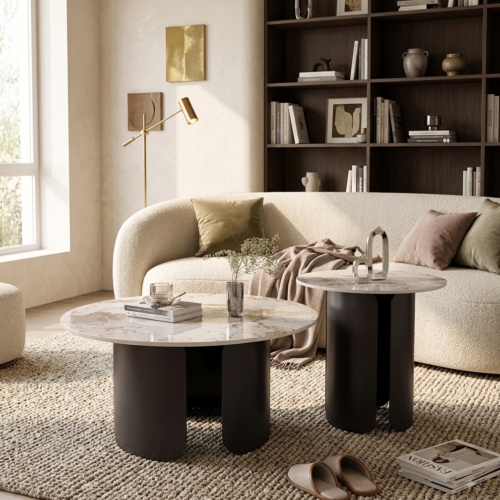 Pandora Sintered Stone Round Coffee Table Set - Coffee table - QONKA HOME