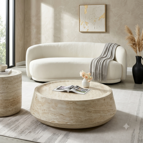 Wabi-sabi Imitation Travertine Round Coffee Table Set - Coffee table - QONKA HOME