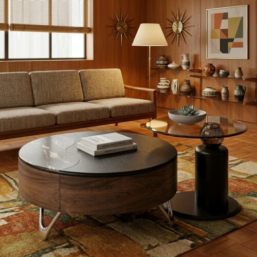 Mid-Century Modern Nesting Coffee Table Set (2-Piece) with Wood Storage Base, Marble Accent, and Amber Glass Top - Coffee ...