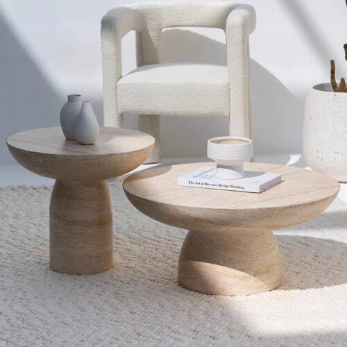 Travertine Effect sofe  Side Table Coffee Table Set - Coffee table - QONKA HOME