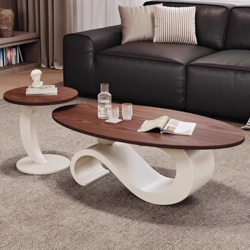 French Vintage Mid-century Oval walnut Wooden Coffee Table - Coffee table - QONKA HOME