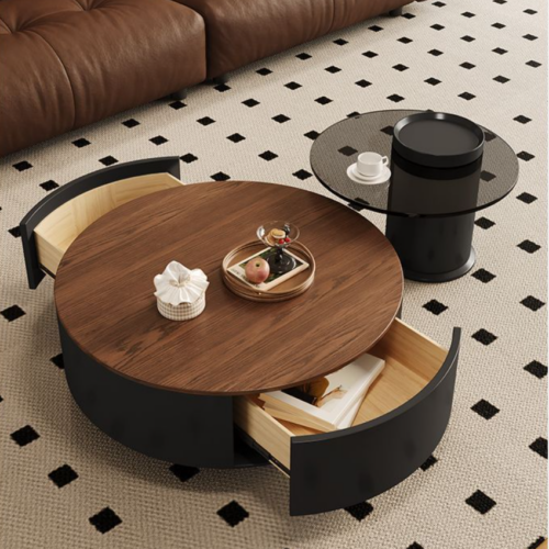Round Coffee Table With Drawers & Glass Side Table Set - Coffee table - QONKA HOME