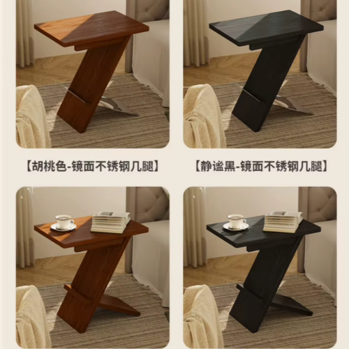Modern Z‑Shaped Side Table Black Wood End Table With Magazine Rack Metal Base - Bedroom furniture - QONKA HOME