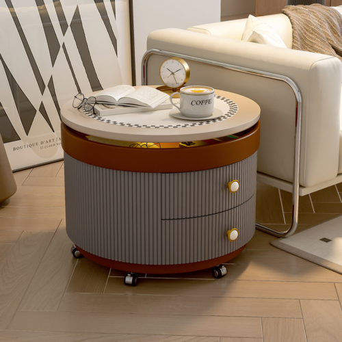Lift‑Top Mobile Nightstand With Drawers & round Side Table With LED Light - Bedroom furniture - QONKA HOME