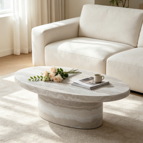Modern Wabi‑Sabi Oval Faux Travertine Fiberglass Coffee Table - Coffee table - QONKA HOME