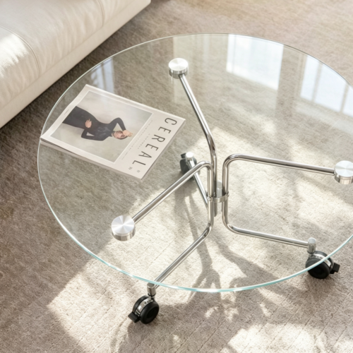 Mid‑Century Metal Swivel Base Movable Round Wooden/galss Coffee Table - Coffee table - QONKA HOME