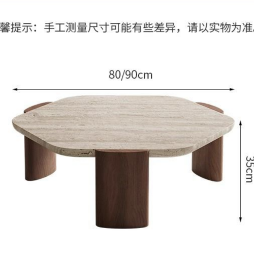 Hexagonal Natural Travertine Coffee Table Solid Wood Leg Wabi‑Sabi - Coffee table - QONKA HOME