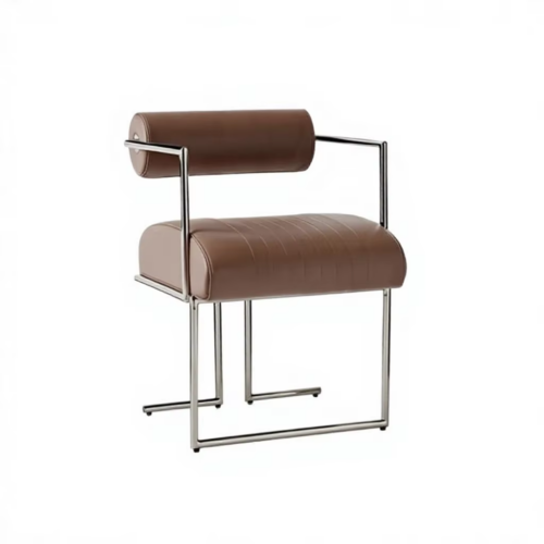 Modern Cylinder Back Dining Chair with Polished Stainless Steel Frame, Upholstered Accent Chair - Metal dining chair - QON...
