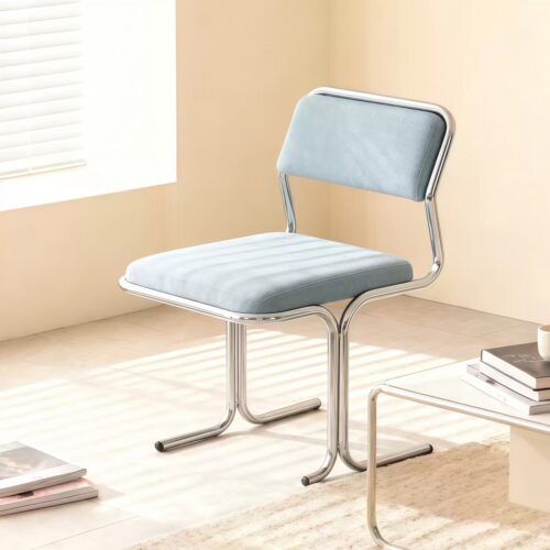 Bauhaus Style Dining Chair with Polished Stainless Steel Frame & Linen Fabric Upholstery - Metal dining chair - QONKA...
