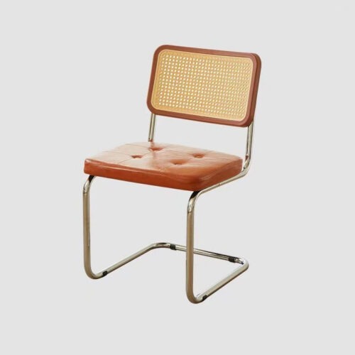 Cantilever Dining Chair PP Rattan Backrest Upholstered PU Seat Chrome Metal Frame Mid-Century Modern Side Chair - Metal di...