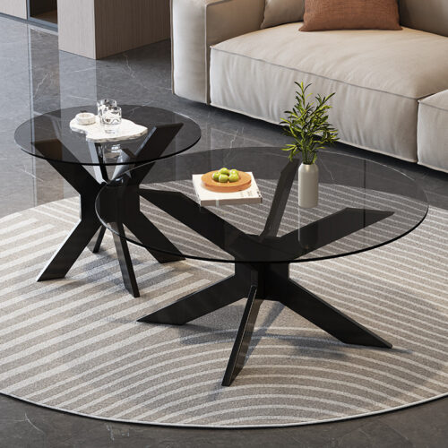 Modern Round Coffee Table Set X‑Shape Solid Wood Base Tempered Smoked Glass Top side table - Bedside table - QONKA HOME