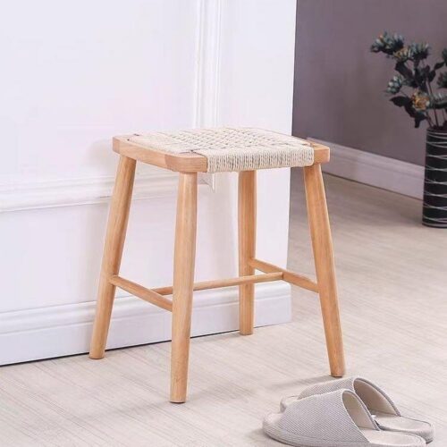 Rubber Wood Stool Hand‑Woven Rope Seat Solid Wood Square Side Stool Dining Bar Stool for Home Kitchen Living Room - Soli...