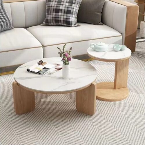 Nordic Style Oak Solid Wood & Sintered Stone Coffee Table Set, Rectangle & Round Available - Bedside table - QON...