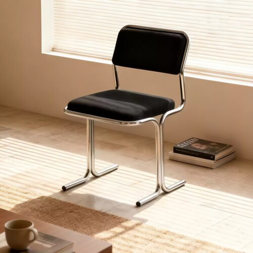 Bauhaus Style Dining Chair with Polished Stainless Steel Frame & Linen Fabric Upholstery - Metal dining chair - QONKA...