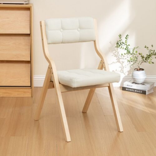 Poplar Wood Folding Dining Chair Linen Fabric Padded Foldable Dining Side Chair for Kitchen Apartment - Solid wood dining ...