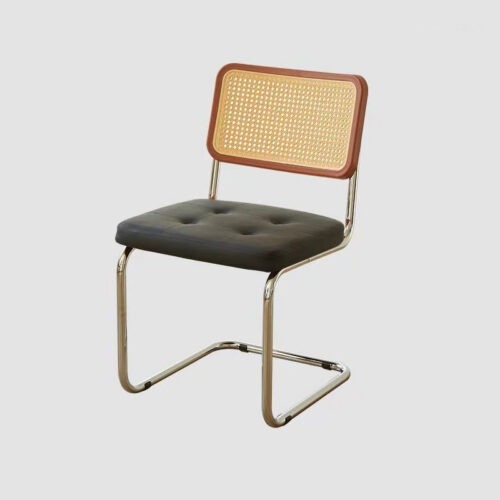 Cantilever Dining Chair PP Rattan Backrest Upholstered PU Seat Chrome Metal Frame Mid-Century Modern Side Chair - Metal di...