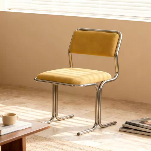 Bauhaus Style Dining Chair with Polished Stainless Steel Frame & Linen Fabric Upholstery - Metal dining chair - QONKA...