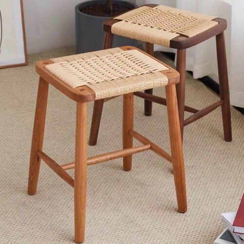 Rubber Wood Stool Hand‑Woven Rope Seat Solid Wood Square Side Stool Dining Bar Stool for Home Kitchen Living Room - Soli...